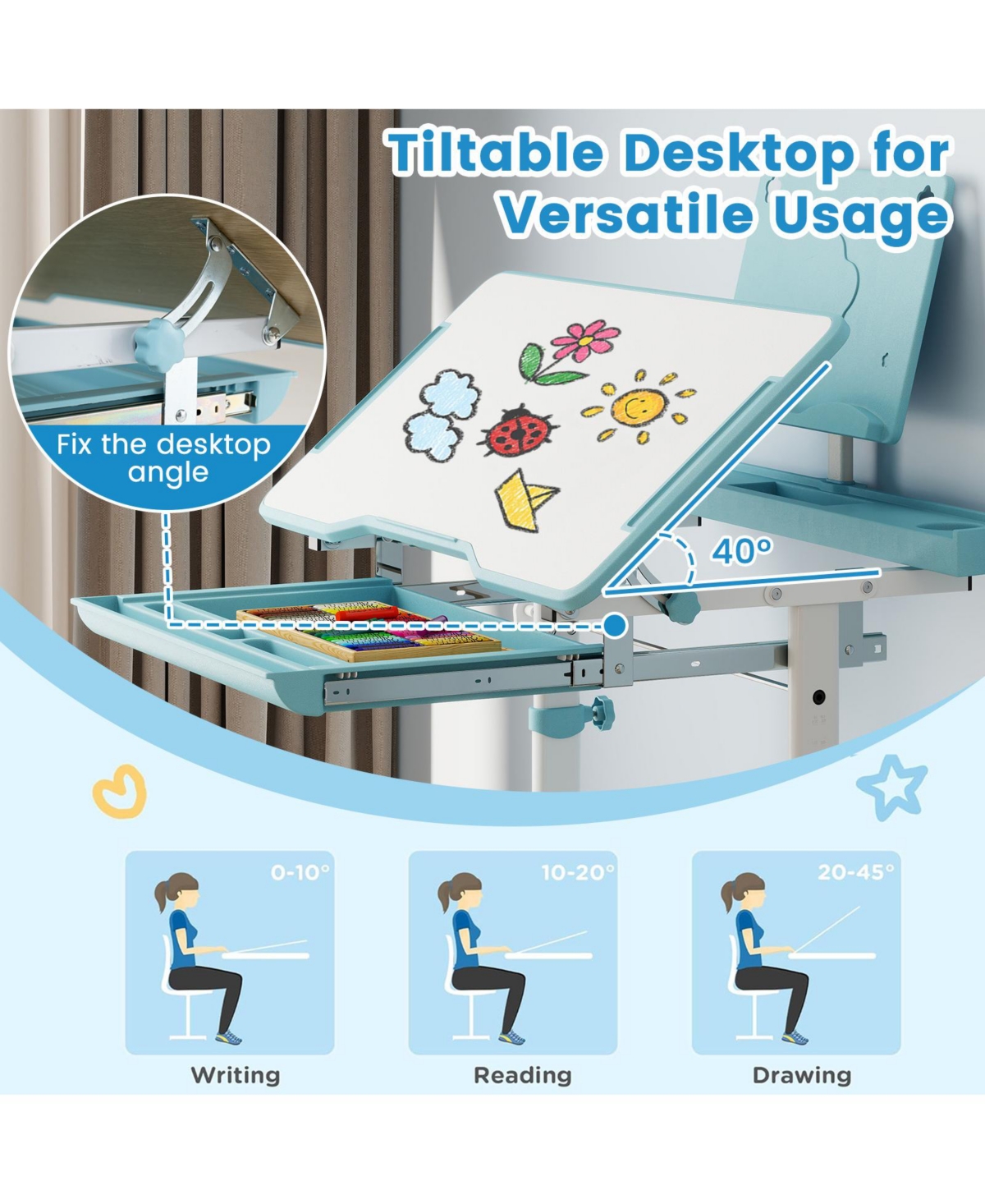 Gymax Kid's Study Desk & Chair Set w/Tilt Desktop Book Stand Footrest Bar for Toddlers