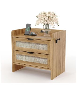 Rattan Nightstand, Bedside Table with Type-C Charging Station - 2 Storage Drawer Space, Boho End Table Side Table, 1pcs