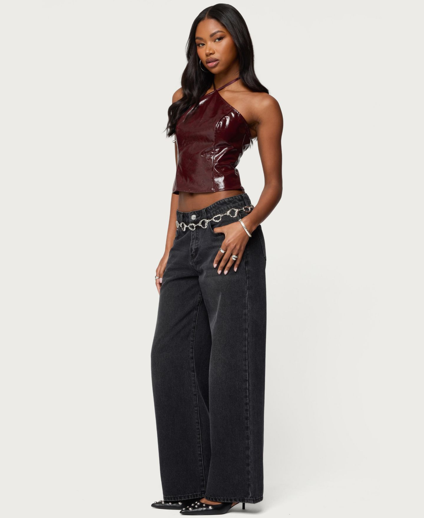 Женский топ Edikted Hailie Faux Leather Halter, цвет: Бордовый — фото 3