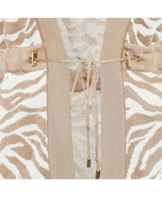 Women's Beige/white Zebra Pattern Jacquard Knit Drawstring Detail Cardigan