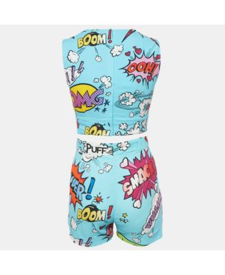 Women's Blue Printed Crepe Sleeveless Crop Top & Shorts Set