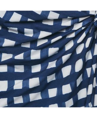 Women's Navy Blue/white Checkered Silk Blend & Jersey Crop Top & Skirt Set