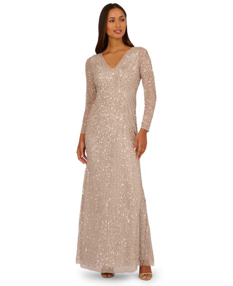 Женское платье Adrianna Papell Long-Sleeve Beaded Full-Length Gown, цвет: Marble