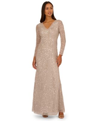 Adrianna Papell Women's Long-Sleeve Beaded Full-Length Gown - Macy's