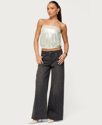Women's Rhinestone Washed Low Rise Baggy Jeans