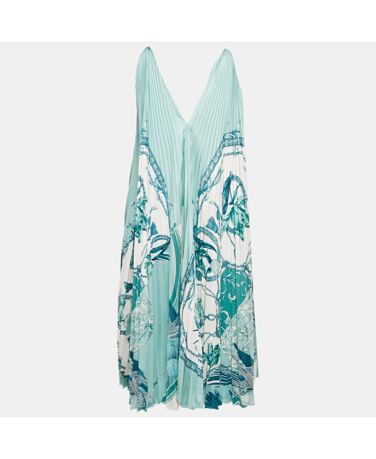 Pre-Owned Salvatore Ferragamo Women's Womens's Blue Floral Print Satin Plisse Midi Dress