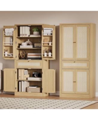 70inch Tall Kitchen Pantry Cabine, Rattan Doors Freestanding Cupboard Storage Cabinet with Drawer and Adjustable Shelves