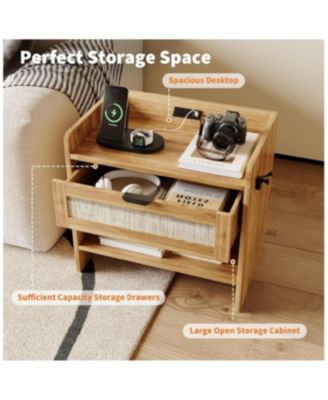 Rattan Nightstand Set of 2, Bedside Table with Type-C Charging Station - 1 Drawer & Open Storage Space, Boho End Table Side Table.