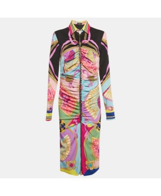 Women's Multicolor Ventagli Print Silk Zip Up Shirt Midi Dress