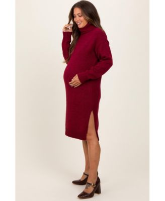 Maternity Burgundy Turtleneck Side Slit Midi Sweater Dress