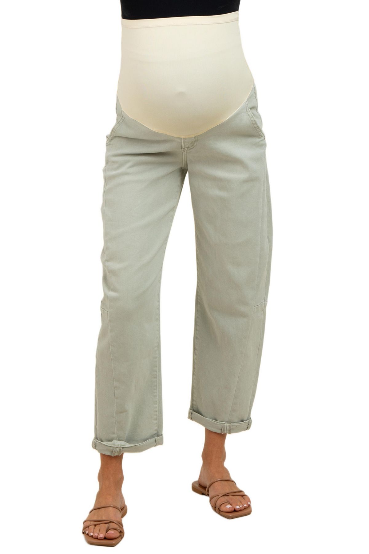 Pinkblush Women's Light Olive Rolled Cuff Barrel Leg Jeans view 2 — MAYCSS fashion products