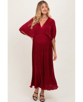 Maternity Burgundy Pleated Satin Dolman Sleeve Maxi Dress