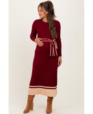 Maternity Burgundy Elegant Ribbed Midi Sweater Dress With Belt