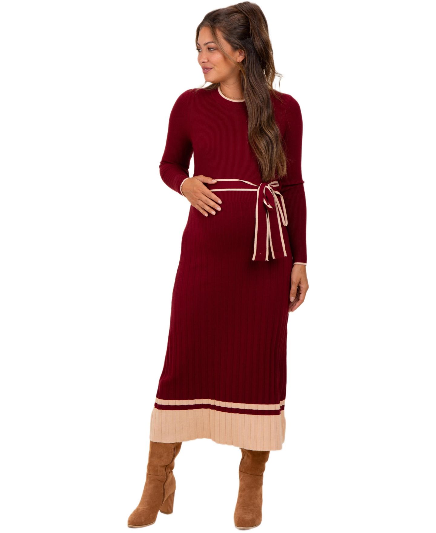 Женское платье Pinkblush Burgundy Elegant Ribbed Midi Sweater Dress With Belt, цвет: Бордовый — фото 2