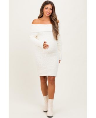 Maternity Ivory Off The Shoulder Knit Sweater Mini Dress