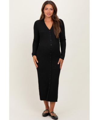 Maternity Black Ribbed Knit Button Down Long Sleeve Midi Dress
