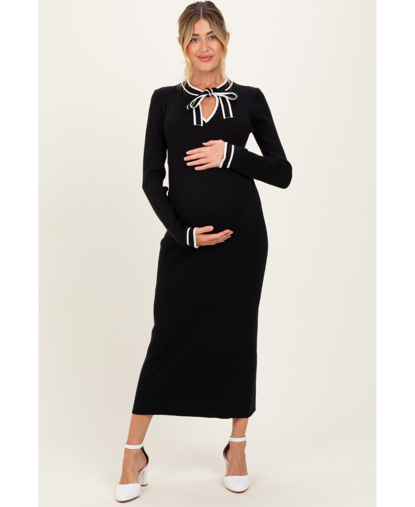 Женское платье Pinkblush Maternity Black Tie Neck Sweater Midi, цвет: Чёрный — фото 2