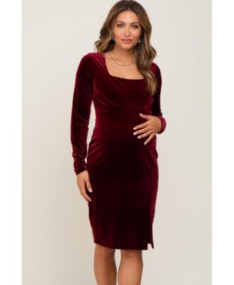 Maternity Velvet Long Sleeve Side Slit Dress