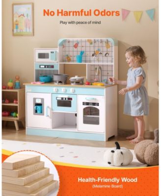 Wooden Play Kitchen for Kids, Toy Kitchen Set with Lights & Sounds, Ice Maker, Oven, Sink, Microwave, Fridge & Accessories