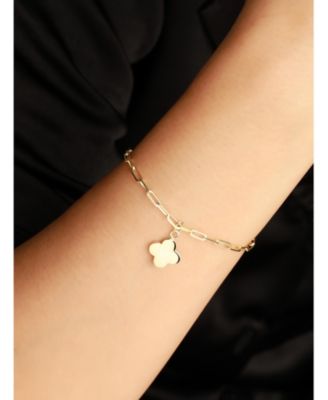 Clover Charm with Paperclip Chain Bracelet in 14K Gold, 7.5 in, approx. 3.5 grams.