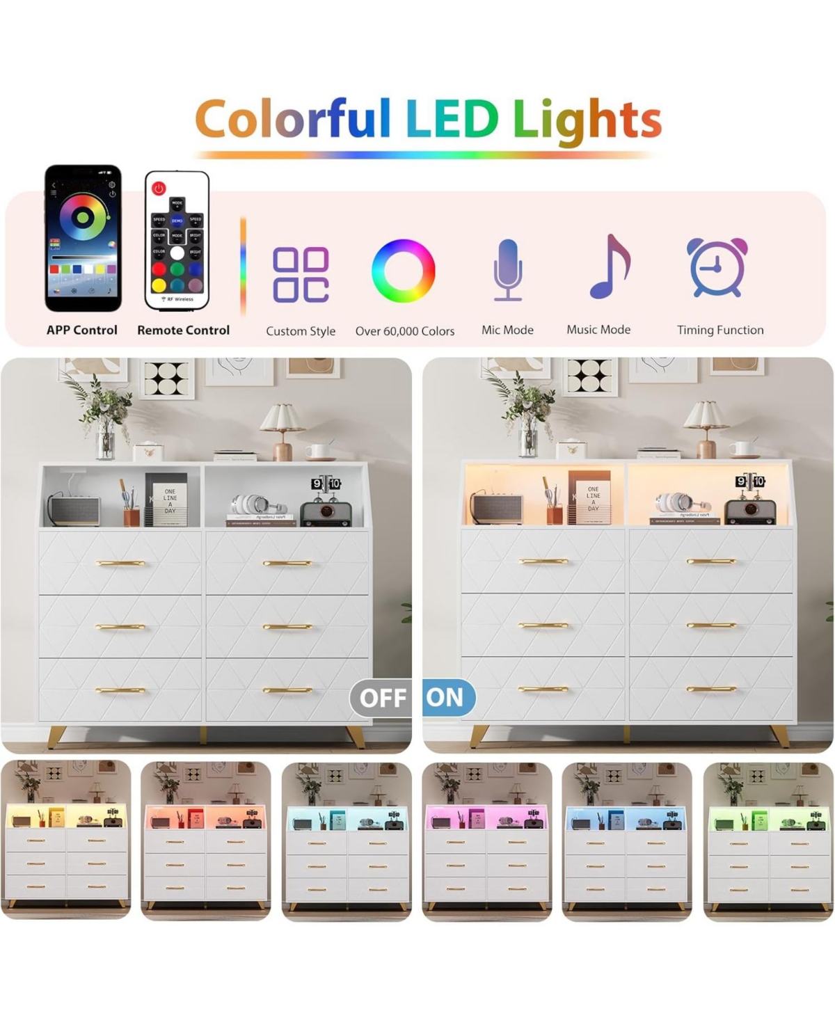Gaomon 6-Drawer Wood Dresser with Led Lighting and Charging Ports