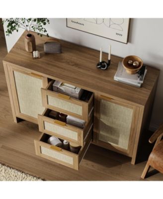 47.2" Rattan Buffet Sideboard – Boho Credenza with Drawers & Doors, Wooden Coffee Bar Storage for Entryway or Living Room (Natural Oak)