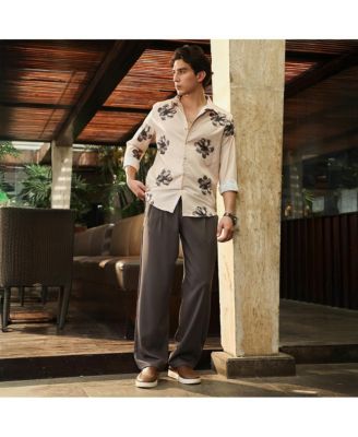 Men's Ecru Beige & Midnight Black Withering Flora Imprint Shirt