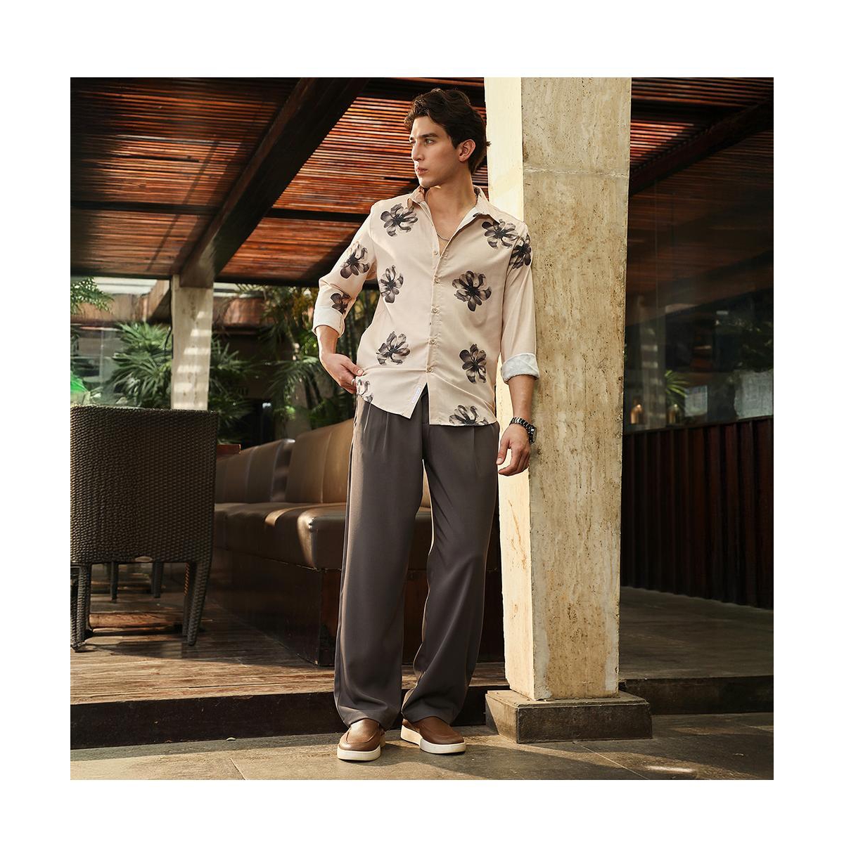 Campus Sutra Men's Ecru Beige & Midnight Black Withering Flora Imprint Shirt