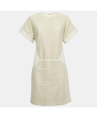 Women's Light Grey Patterned Cotton And Leather Short Dress