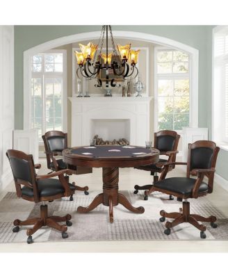 Tobacco Finish Reversible Game Table with cup holders, carved pedestal, velvet surface, converts dining to gaming.