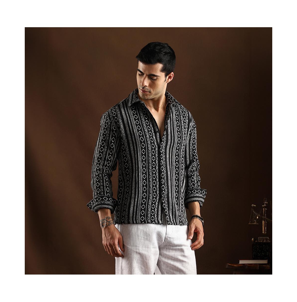Campus Sutra Men's Onyx Black Folk-Weave Shirt