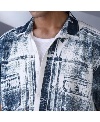Men's Navy Blue Denim-Imprint Relaxed Shirt
