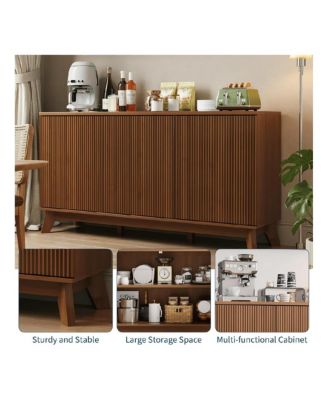 58" Modern Farmhouse Buffet Cabinet with Curved Doors & Adjustable Shelves - Wood Storage Sideboard for Dining Room, Walnut Wood Color