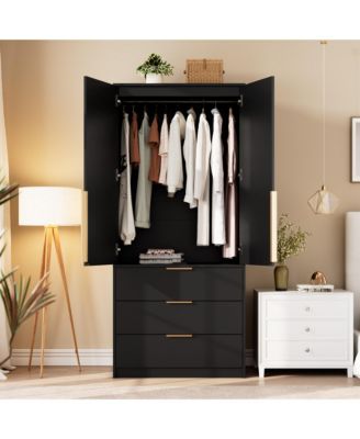 Armoire Wardrobe Closet, 69.5" Wooden Wardrobe Cabinet with 3 Drawers, Hanging Rod, 2 Doors Clothing Storage Cabinet