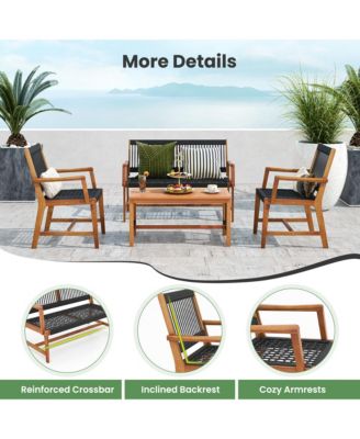 Patio 4pcs Acacia Wood Conversation Table & Chair Set Hand-Woven Rope Outdoor