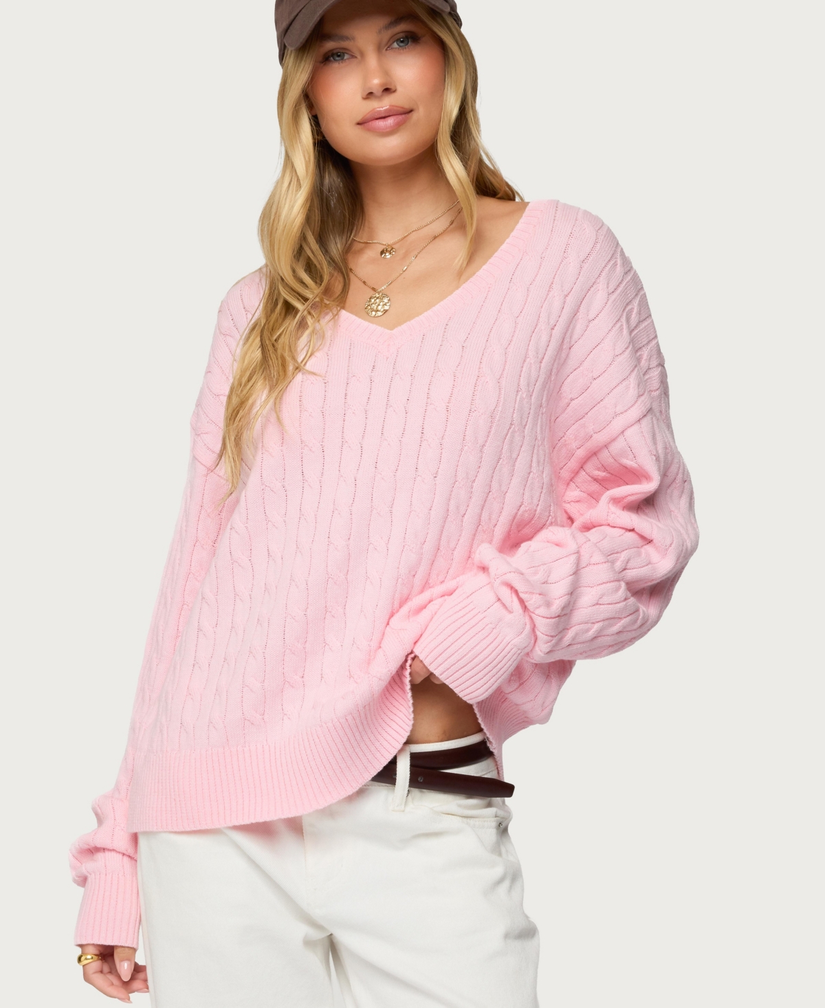 Edikted Women's Polly V Neck Cable Knit Sweater