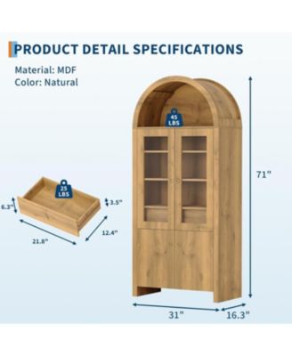 71" Tall Arched Kitchen Pantry Cabinet, Modern Farmhouse Kitchen Storage Cabinets with Open & Adjustable Shelves, Hidden Drawer & Glass Door