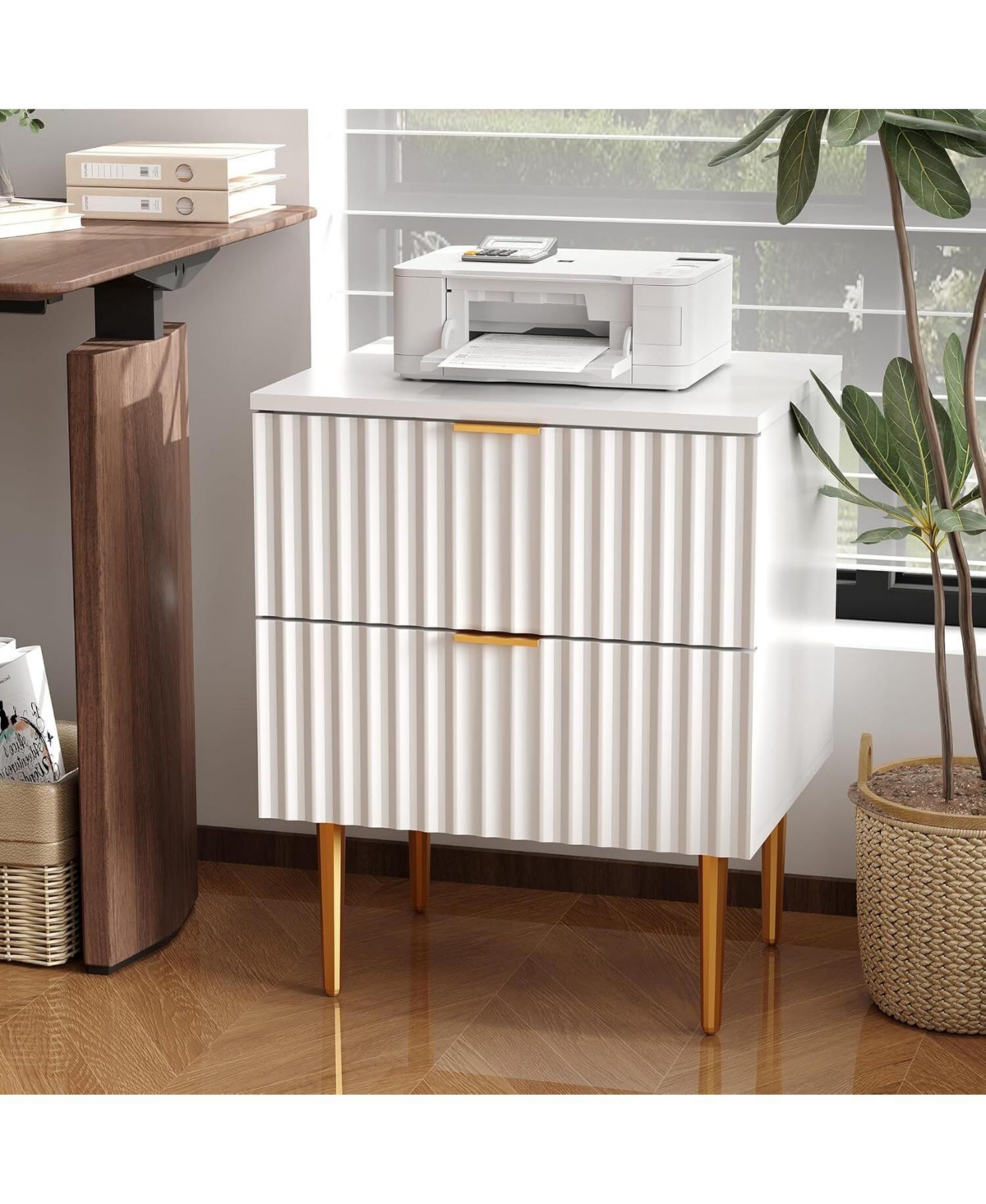 gaomon 2pcs Modern Nightstand with 2 Drawers, Golden and Wood Fluted Night Stand with Charging Station, Bedside Table with Usb Ports and Outlets.