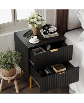 2pcs Modern Nightstand with 2 Drawers, Golden and Wood Fluted Night Stand with Charging Station, Bedside Table with USB Ports and Outlets.