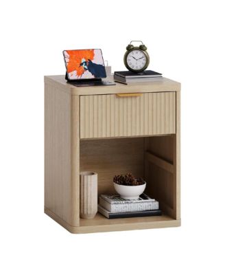 Fluted Nightstand with Charging Station, Bedside Table with Drawers and Open Storage Space, Mid Century Modern End Table