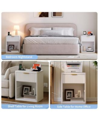 Set of 2 Charging Station, Drawers and Open Storage Space, Natural Color Fluted Nightstand Bedside Table