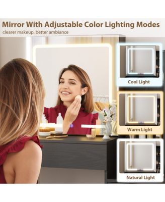 Vanity Desk with Sliding Mirror and Lights, Modern Makeup Vanity Table with 4 Drawers and 7 Storage Shelves