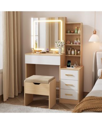 Vanity Desk with Sliding Mirror and Lights, Modern Makeup Vanity Table with 4 Drawers and 7 Storage Shelves