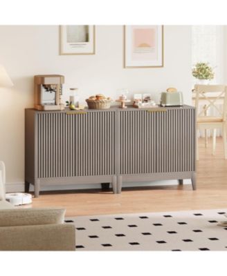 31.5" Fluted Storage Cabinet with Gold Handles, Adjustable Shelf, Oak Finish Credenza for Dining Room & Home Organization