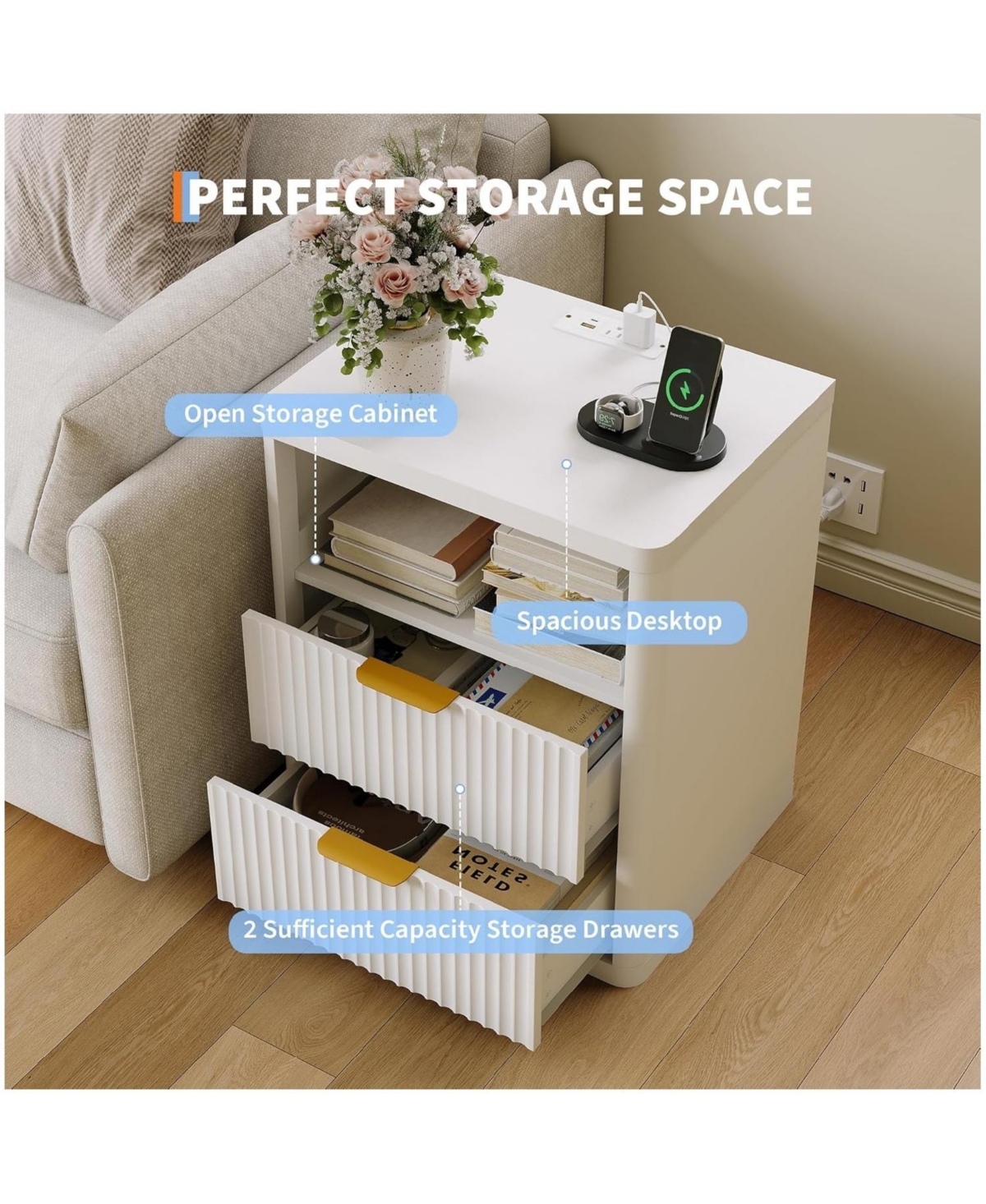 gaomon Fluted Nightstand Set of 2, Bedside Table Built-in Charging Station, Featuring 2 Drawer & Open Storage Space, Mid Century Modern Night Stand