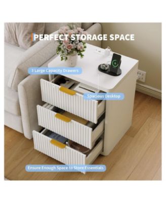 Fluted Nightstand with Charging Station, Bedside Table with 3 Drawers and Open Storage Space, Mid Century Modern End Table,