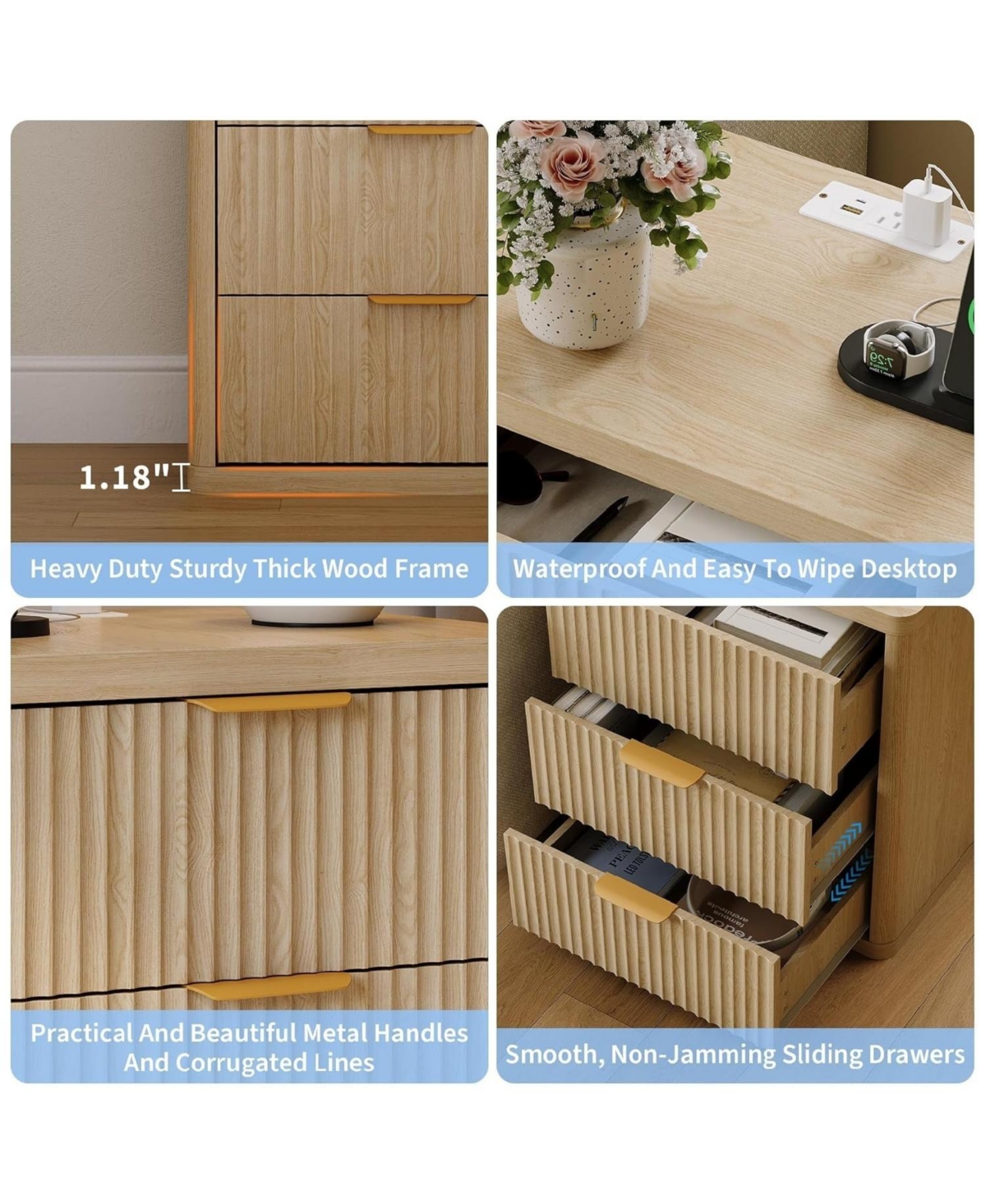 gaomon Fluted Nightstand with Charging Station, Bedside Table with 3 Drawers and Open Storage Space, Mid Century Modern End Table,