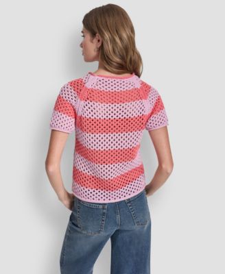 Women's Short-Sleeve Raglan Stripe Pointelle Pull-On Sweater