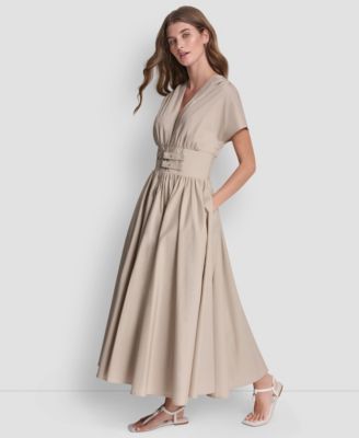 Women's Poplin Smocked-Waist V-Neck Midi Dress