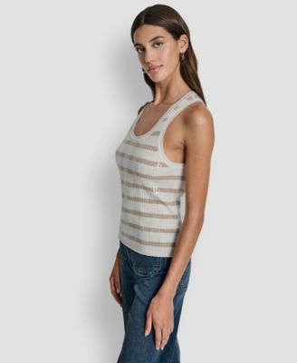 Women's Sleeveless Sequin & Stripe Scoop Neck Tank Top